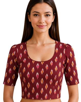 Maroon cotton blend ikkat printed stretchable readymade saree blouse 1