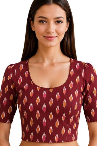 Maroon cotton blend ikkat printed stretchable readymade saree blouse