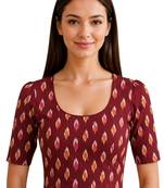 Maroon cotton blend ikkat printed stretchable readymade saree blouse
