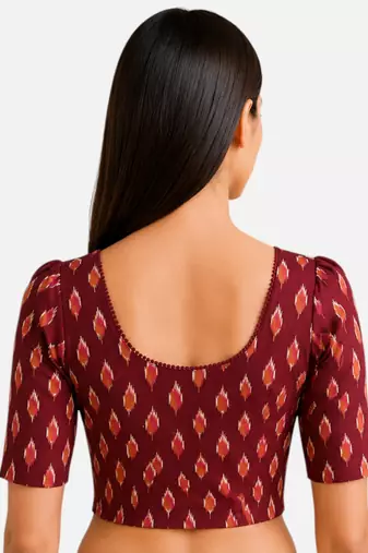 Maroon cotton blend ikkat printed stretchable readymade saree blouse