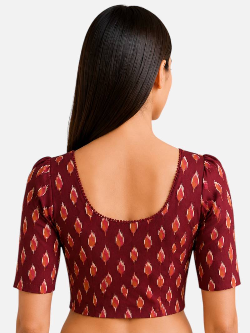 Maroon cotton blend ikkat printed stretchable readymade saree blouse