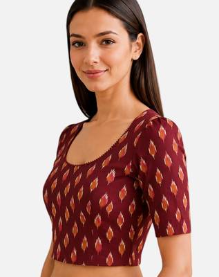 Maroon cotton blend ikkat printed stretchable readymade saree blouse 3