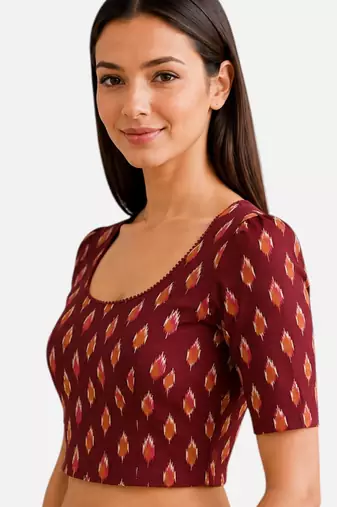 Maroon cotton blend ikkat printed stretchable readymade saree blouse