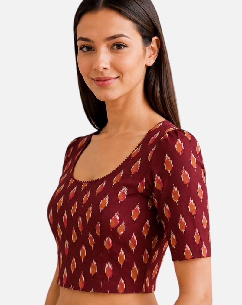 Maroon cotton blend ikkat printed stretchable readymade saree blouse