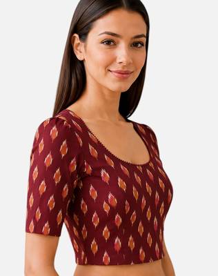 Maroon cotton blend ikkat printed stretchable readymade saree blouse 4