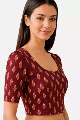 Maroon cotton blend ikkat printed stretchable readymade saree blouse