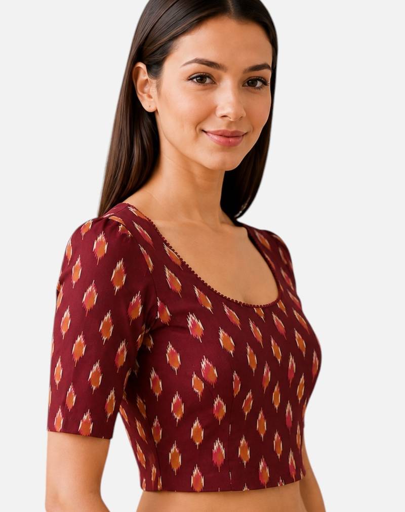 Maroon cotton blend ikkat printed stretchable readymade saree blouse
