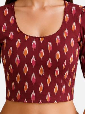 Maroon cotton blend ikkat printed stretchable readymade saree blouse 5