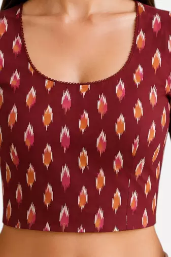 Maroon cotton blend ikkat printed stretchable readymade saree blouse