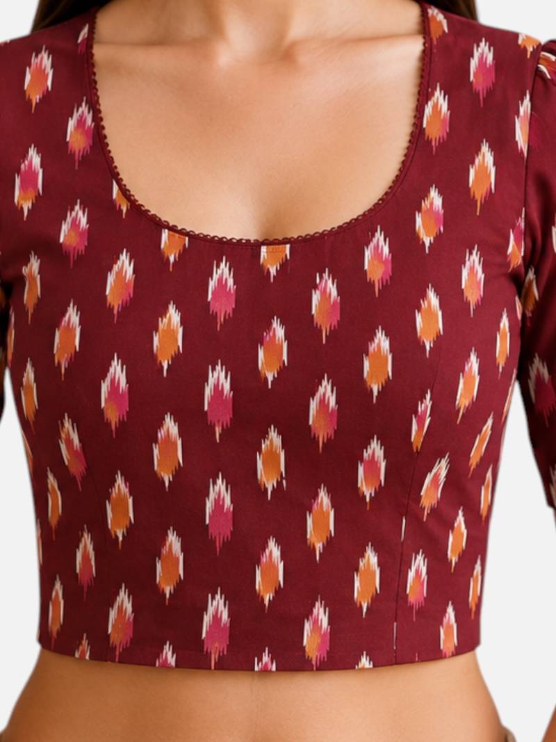 Maroon cotton blend ikkat printed stretchable readymade saree blouse