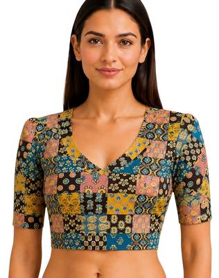 Mustard cotton blend ikkat printed stretchable readymade saree blouse 1