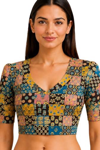 Mustard cotton blend ikkat printed stretchable readymade saree blouse