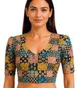 Mustard cotton blend ikkat printed stretchable readymade saree blouse