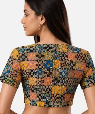 Mustard cotton blend ikkat printed stretchable readymade saree blouse 2