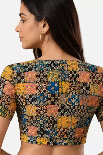 Mustard cotton blend ikkat printed stretchable readymade saree blouse