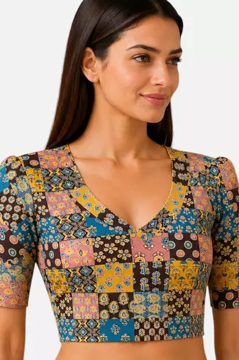 Mustard cotton blend ikkat printed stretchable readymade saree blouse