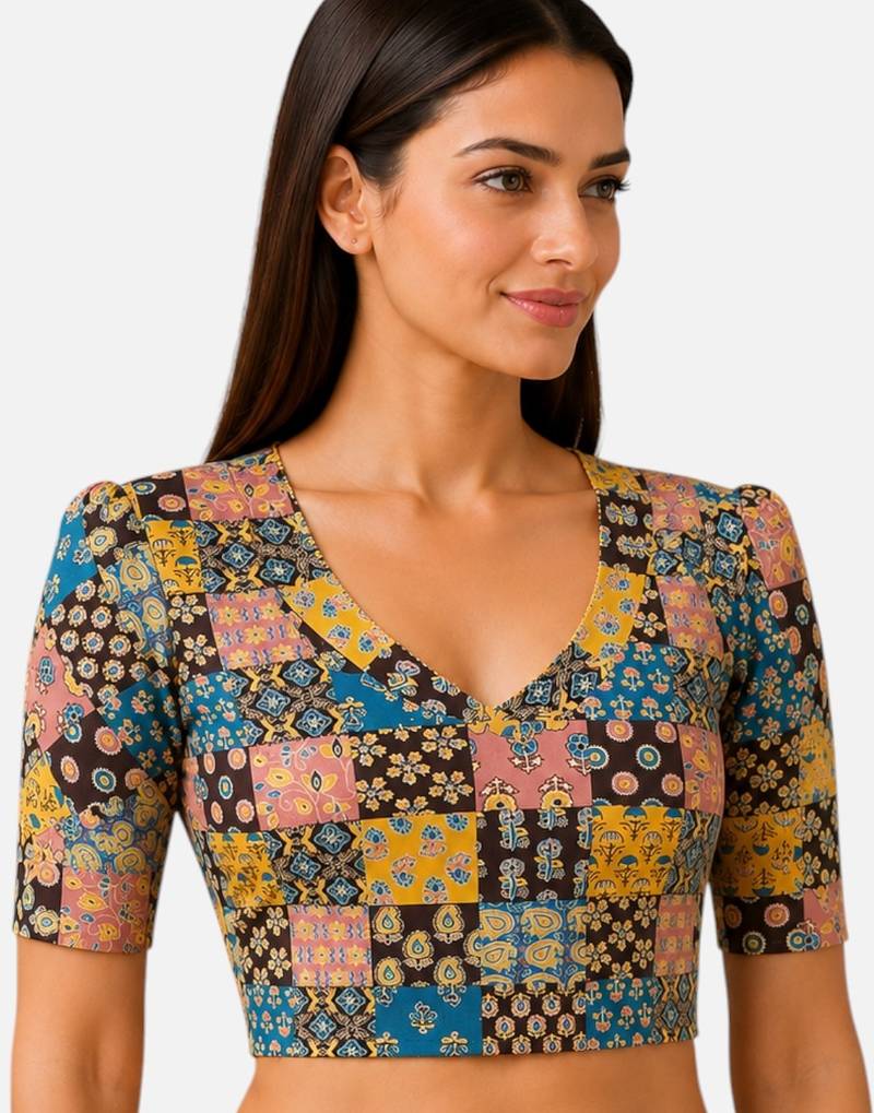 Mustard cotton blend ikkat printed stretchable readymade saree blouse