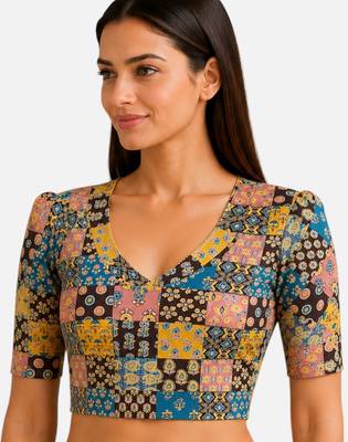 Mustard cotton blend ikkat printed stretchable readymade saree blouse 4