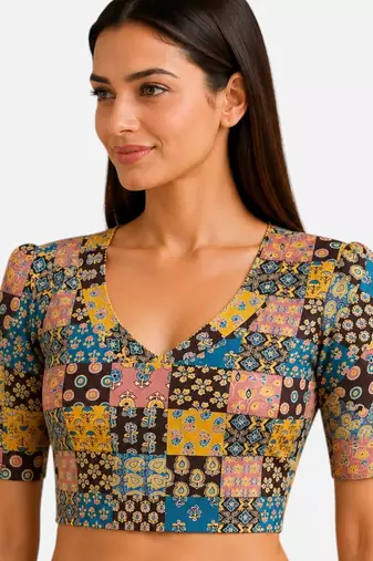 Mustard cotton blend ikkat printed stretchable readymade saree blouse
