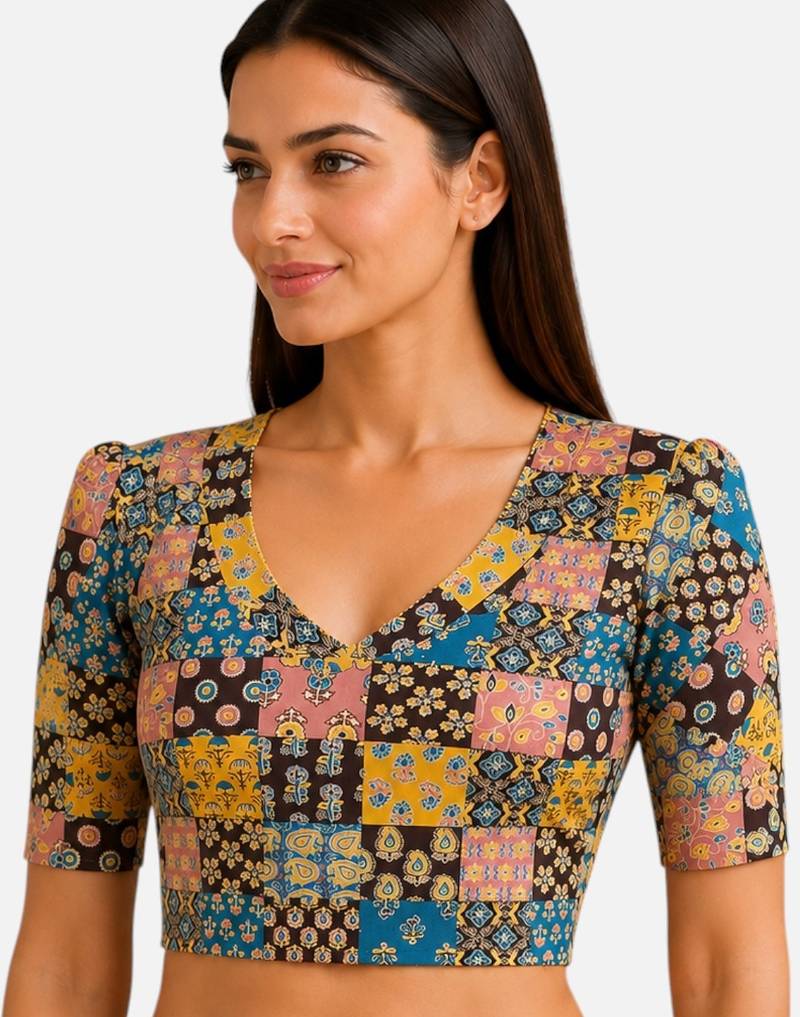 Mustard cotton blend ikkat printed stretchable readymade saree blouse
