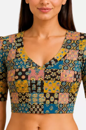 Mustard cotton blend ikkat printed stretchable readymade saree blouse