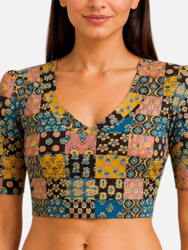 Mustard cotton blend ikkat printed stretchable readymade saree blouse