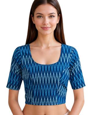 Teal blue cotton blend ikkat printed stretchable readymade saree blouse 1