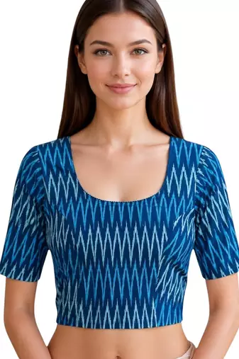 Teal blue cotton blend ikkat printed stretchable readymade saree blouse