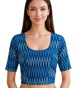Teal blue cotton blend ikkat printed stretchable readymade saree blouse