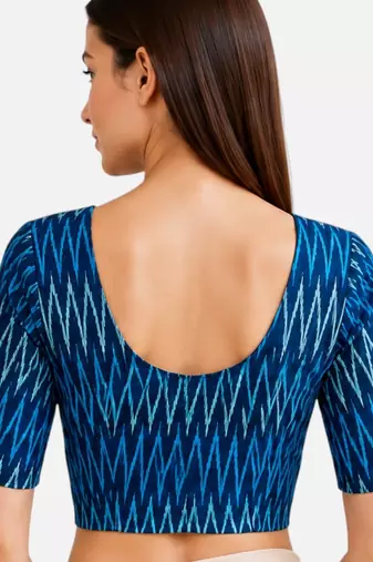 Teal blue cotton blend ikkat printed stretchable readymade saree blouse