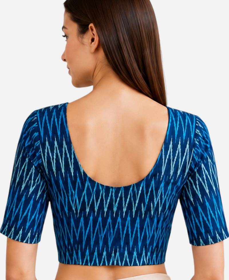 Teal blue cotton blend ikkat printed stretchable readymade saree blouse