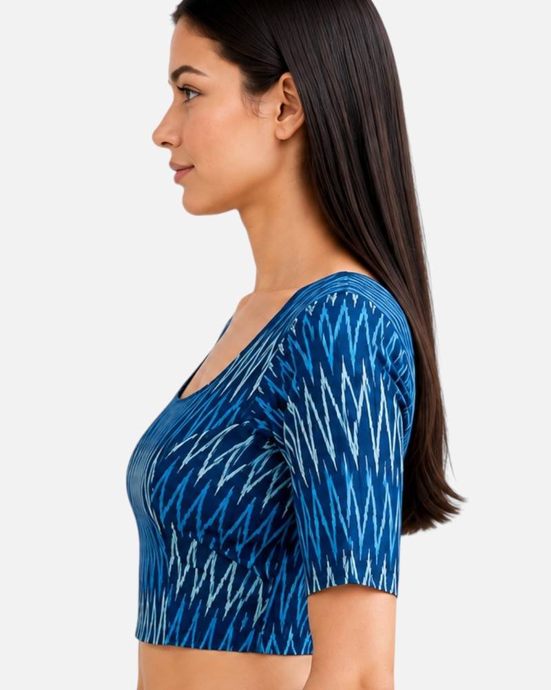 Teal blue cotton blend ikkat printed stretchable readymade saree blouse