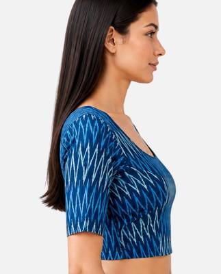 Teal blue cotton blend ikkat printed stretchable readymade saree blouse 4