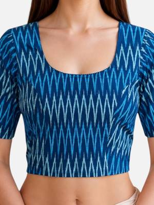 Teal blue cotton blend ikkat printed stretchable readymade saree blouse 5