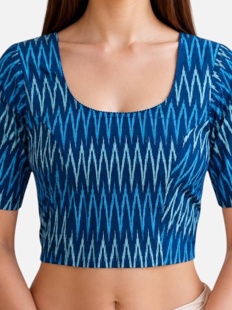 Teal blue cotton blend ikkat printed stretchable readymade saree blouse