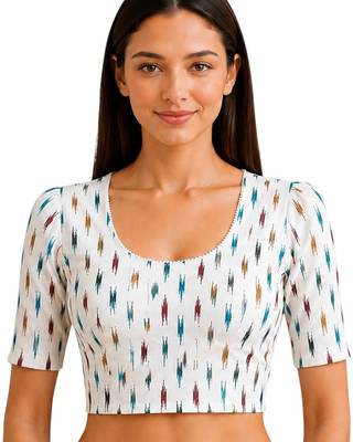 White cotton blend ikkat printed stretchable readymade saree blouse 1