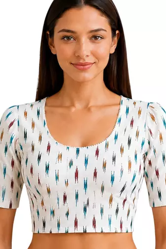 White cotton blend ikkat printed stretchable readymade saree blouse