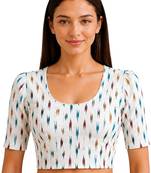 White cotton blend ikkat printed stretchable readymade saree blouse