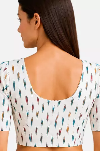 White cotton blend ikkat printed stretchable readymade saree blouse