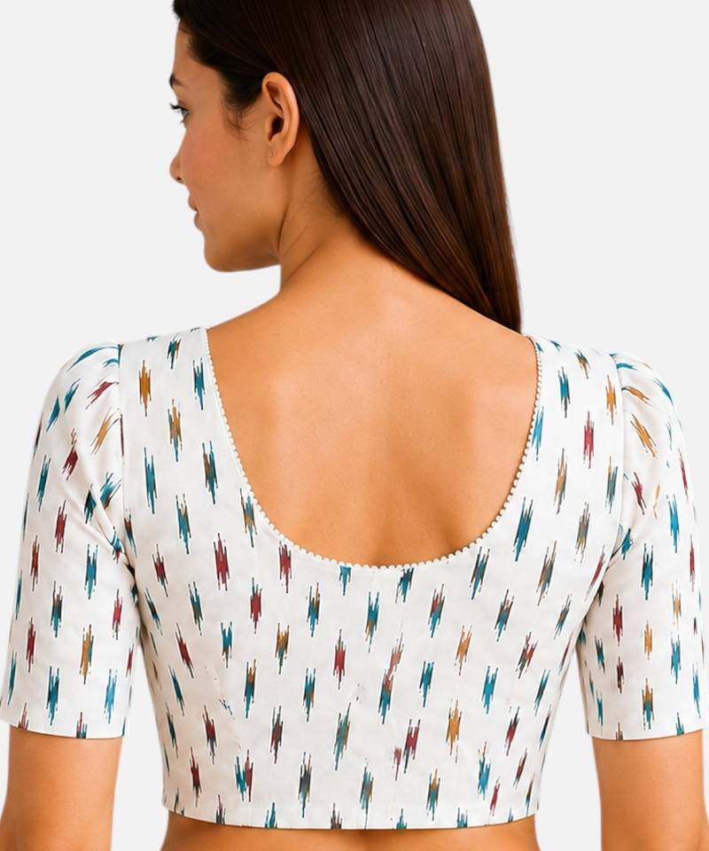 White cotton blend ikkat printed stretchable readymade saree blouse