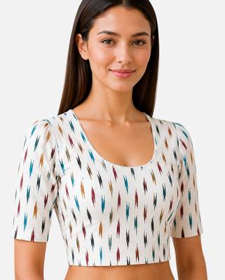 White cotton blend ikkat printed stretchable readymade saree blouse 3