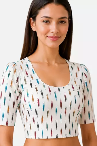 White cotton blend ikkat printed stretchable readymade saree blouse