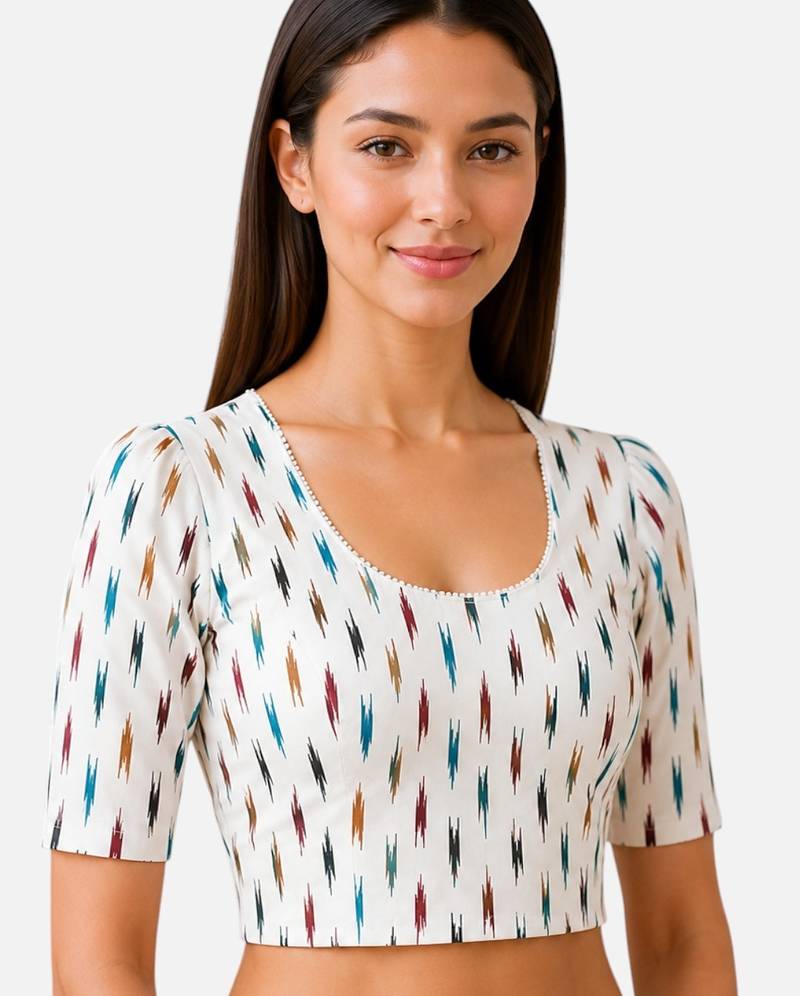 White cotton blend ikkat printed stretchable readymade saree blouse