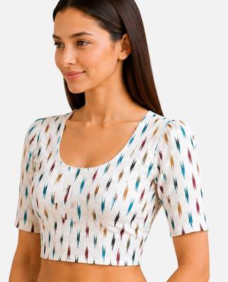 White cotton blend ikkat printed stretchable readymade saree blouse 4