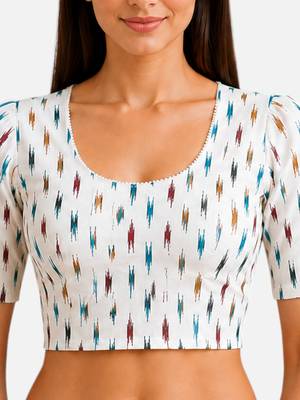 White cotton blend ikkat printed stretchable readymade saree blouse 5