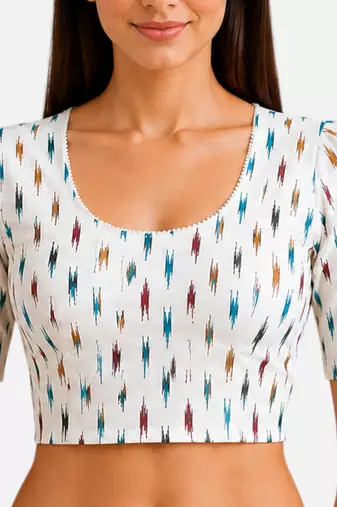 White cotton blend ikkat printed stretchable readymade saree blouse