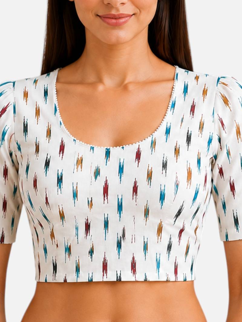 White cotton blend ikkat printed stretchable readymade saree blouse