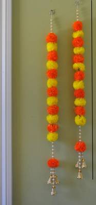 handmade orange and yellow genda door hanging with golden bells for home festive decor pack of 6 1