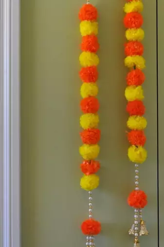 handmade orange and yellow genda door hanging with golden bells for home festive decor pack of 6