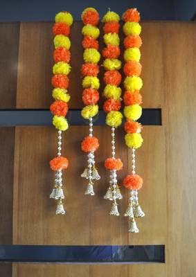 handmade orange and yellow genda door hanging with golden bells for home festive decor pack of 6 2